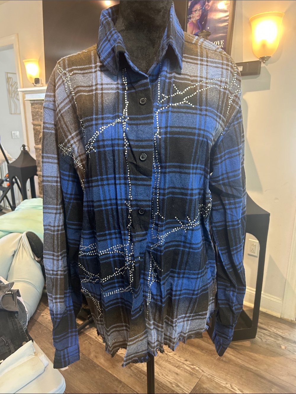 Boohoo Blue and Black Plaid Studded Button-Down Shirt
